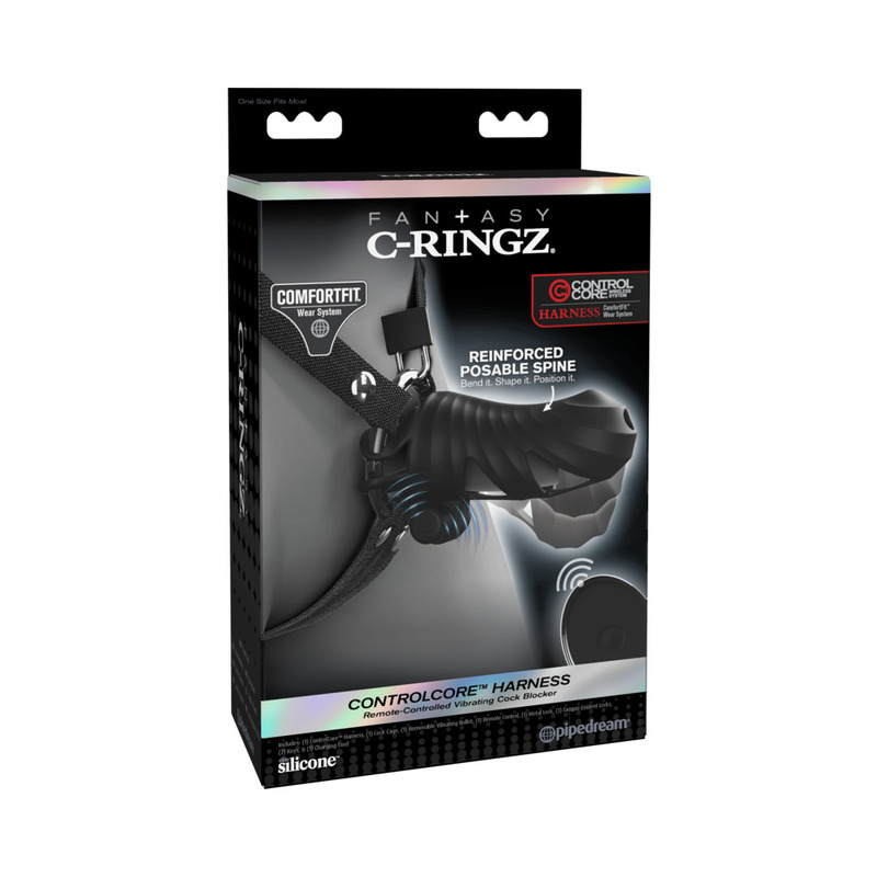 "Fantasy C-Ringz ControlCore Harness
Remote-Controlled Vibrating Cock Blocker Black"