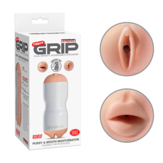 PDX Tight Grip Pussy & Mouth Dual Density Squeezable Masturbator Beige/White