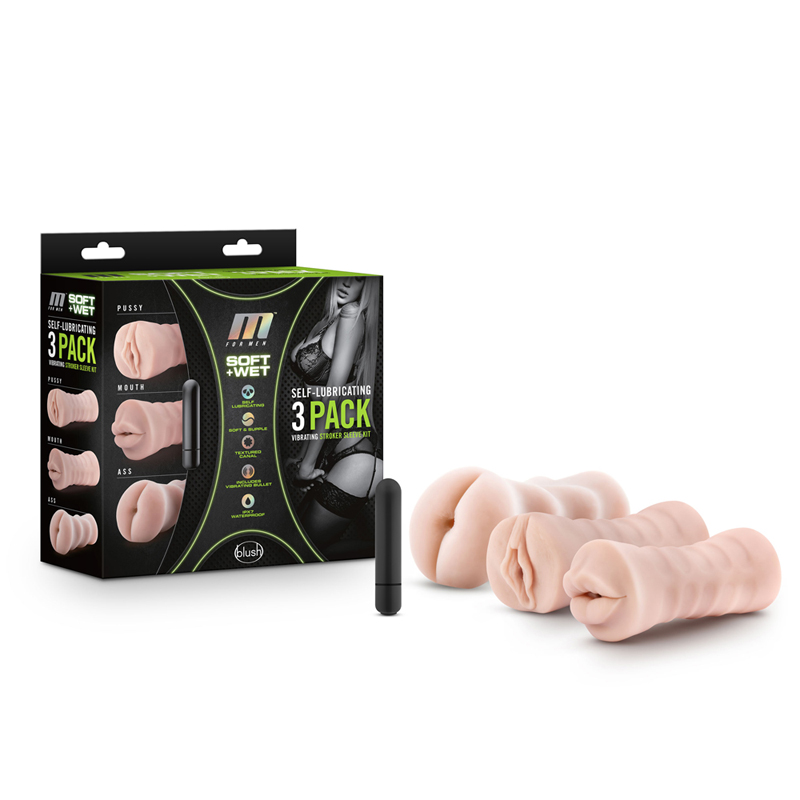 M for Men Soft + Wet Self-Lubricating 3-Pack Vibrating Stroker Sleeve Kit Beige
